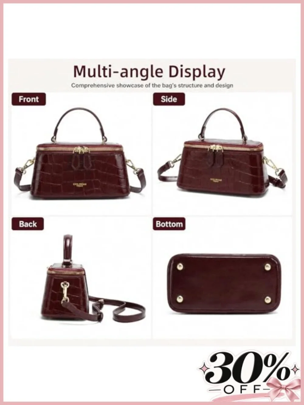 Croc-Embossed Faux Leather Crossbody Bag Adjustable Strap Small Square Satchel